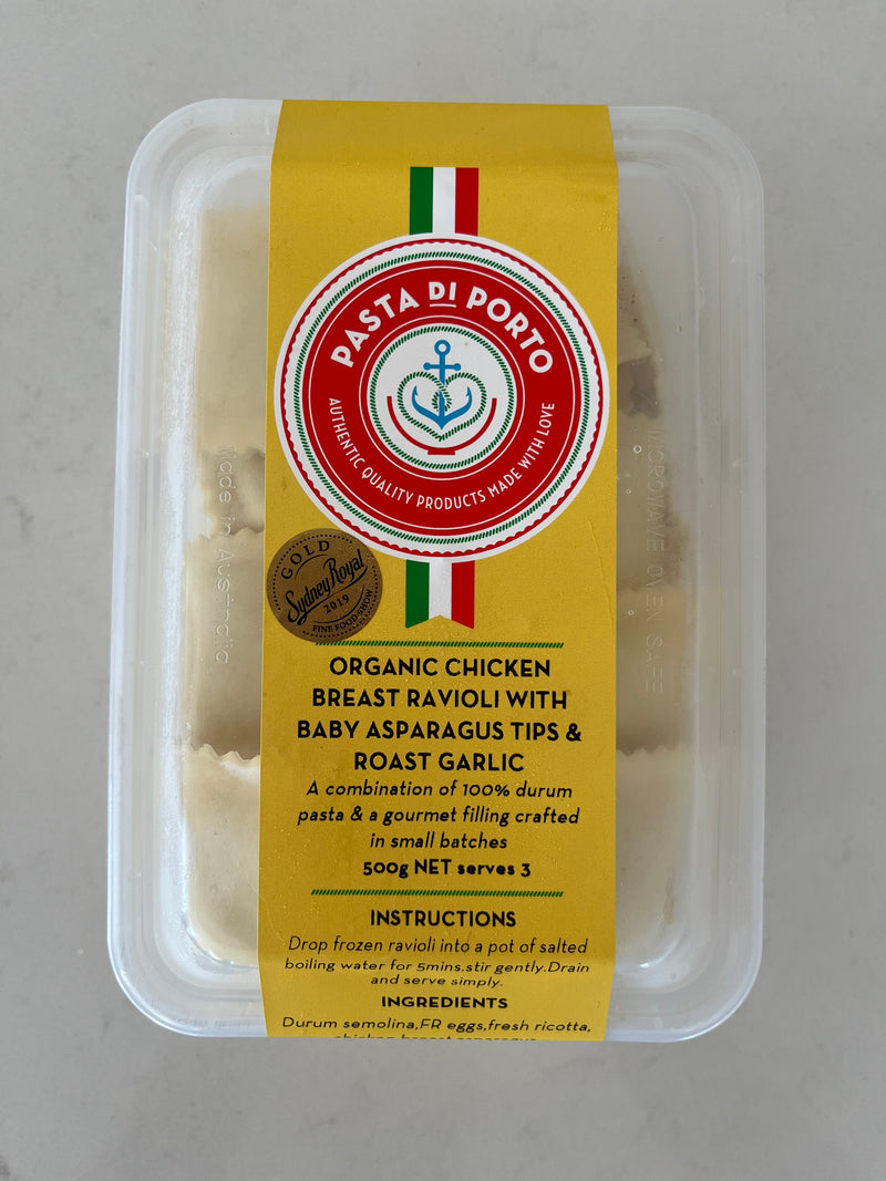 Ravioli, Organic Chicken Breast with Baby Asparagus Tips and Roast Garlic